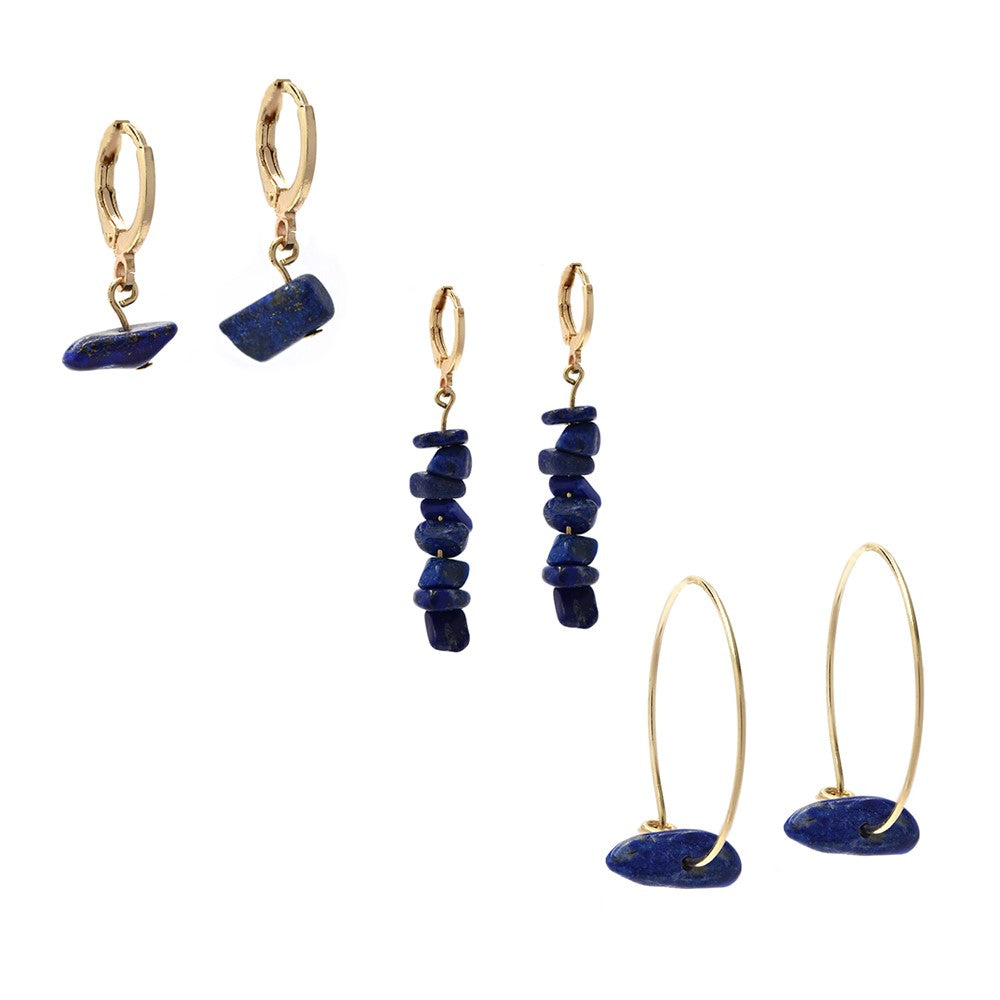 3pack blue gold plated stone huggie drop fashion earrings - YE4390