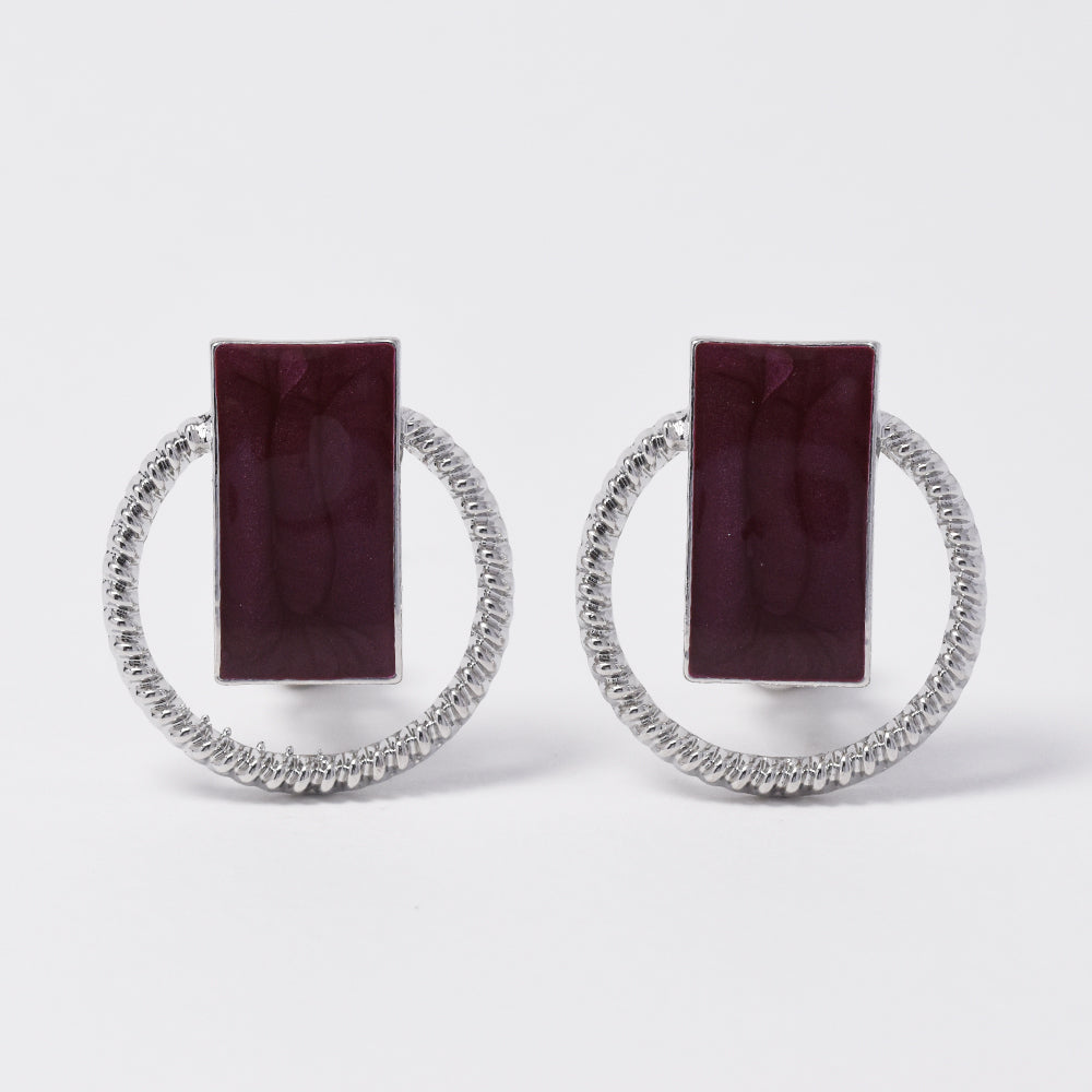 Clip on fashion earring with rectangle shape and silver circle