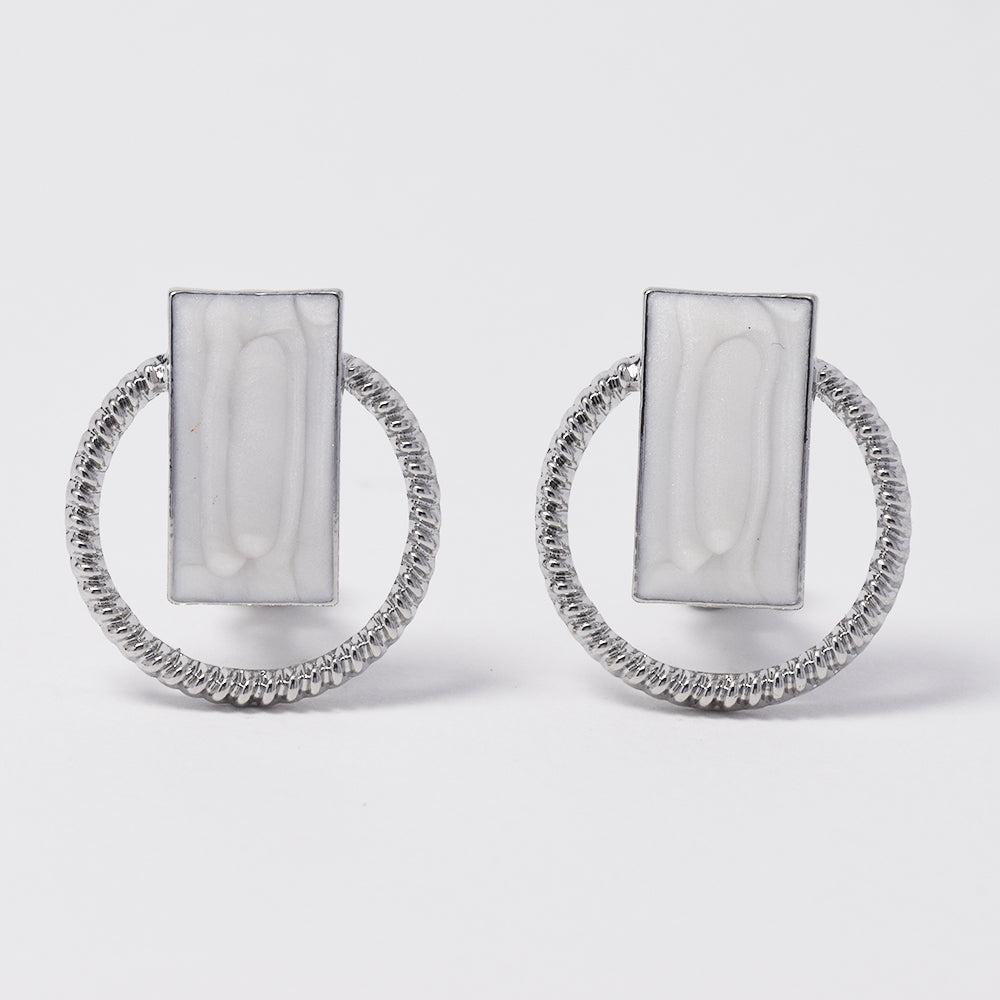 Clip on fashion earring with rectangle shape and silver circle