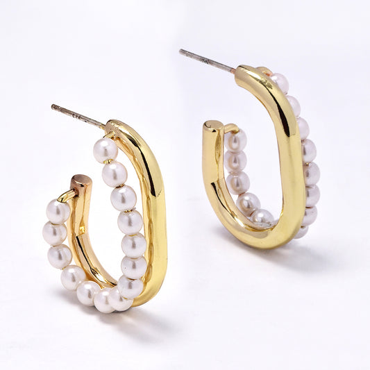Gold plated faux pearl and plain half hoop fashion earrings - YE5054