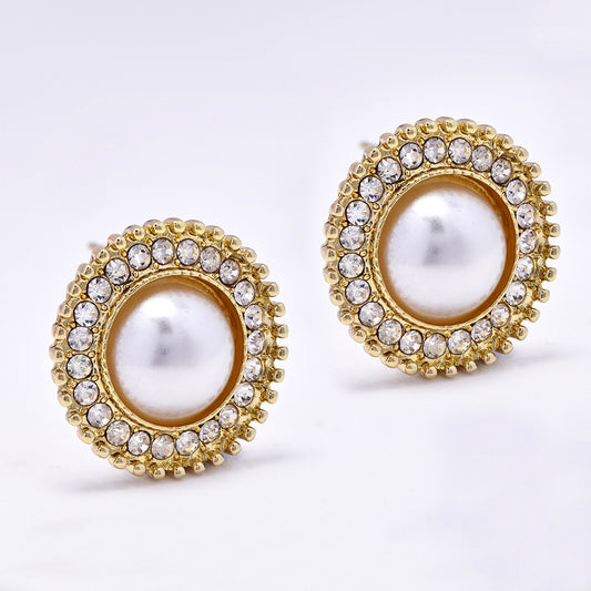 Gold plated faux pearl and rhinestone halo stud fashion earrings - YE5058