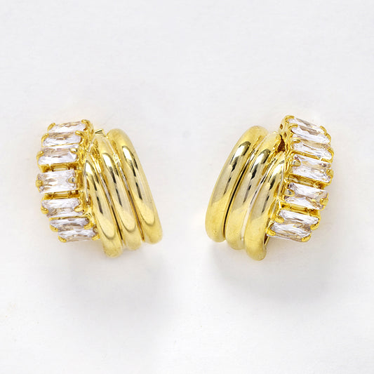 Gold plated baguette crystal and 3 row half hoop stud fashion earrings - YE5066