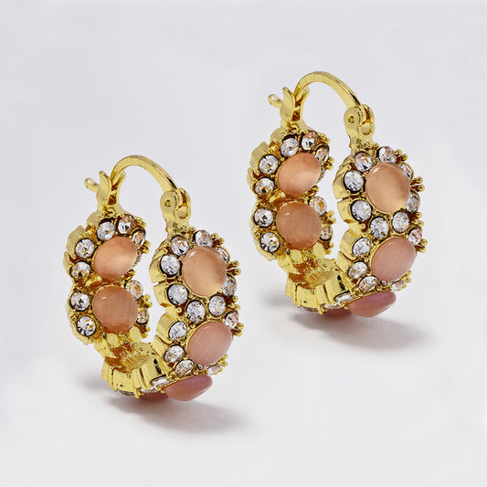 Gold plated pink and clear rhinestone hoop fashion earrings - YE5082