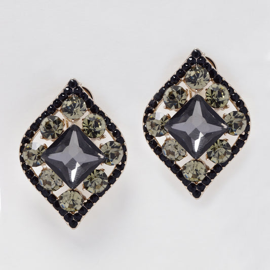 Silver and black plated French retro clip pin diamond shaped center crystal fashion earrings - YE5091