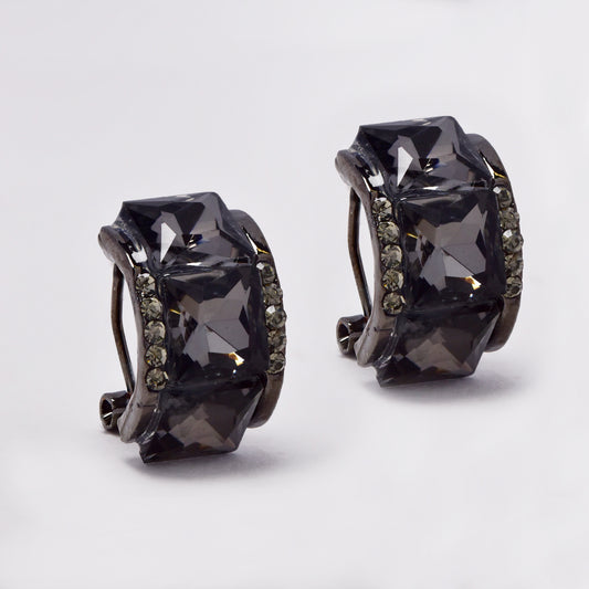 Dark silver plated smoky square and clear rhinestone hoop pin clip earrings - YE5093