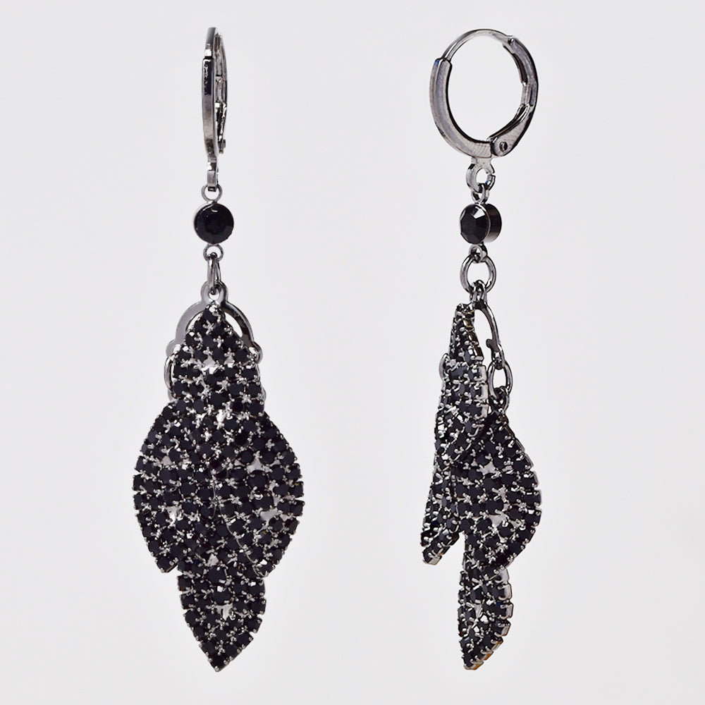 Fashion black plated hinged hoop with leaf adorned with black stones