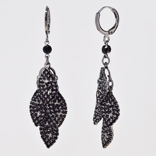 Fashion black plated hinged hoop with leaf adorned with black stones