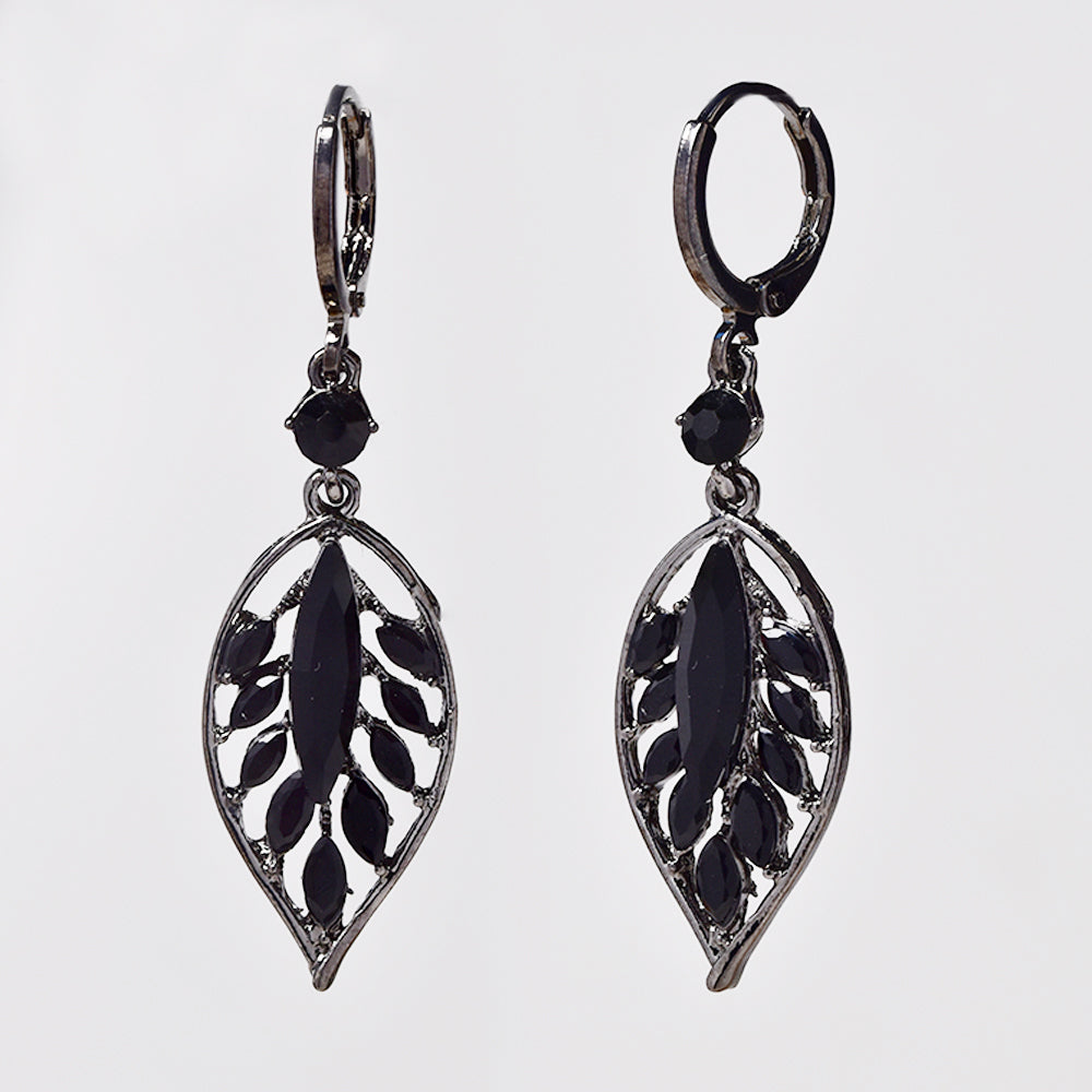 Dark silver plated black leaf drop hoop fashion earring