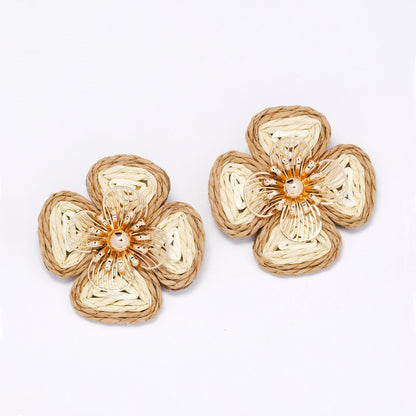YE7806 - Woven straw 45mm flower stud earring