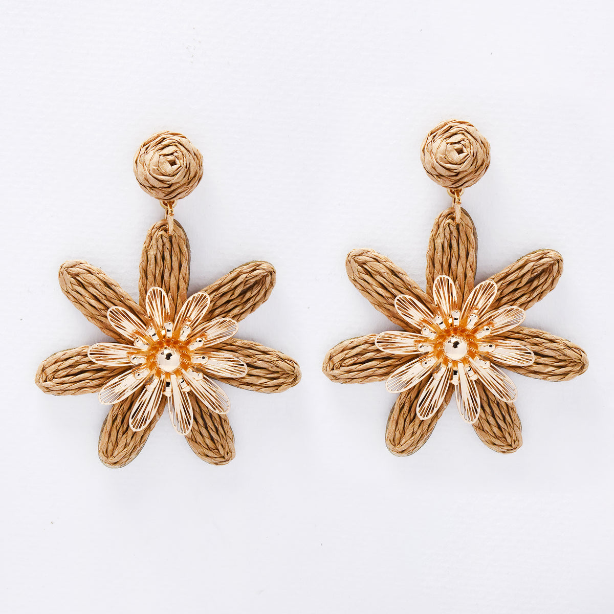 YE7808 - Woven straw 57mm flower drop stud earring