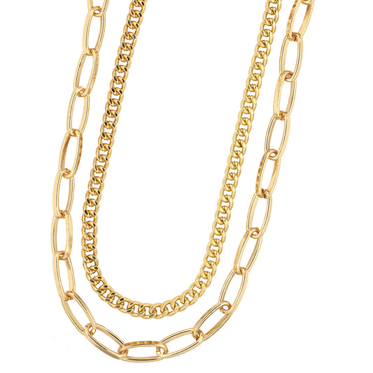 Fashion gold plated paperclip and curb layered statement necklace pack - YN3491