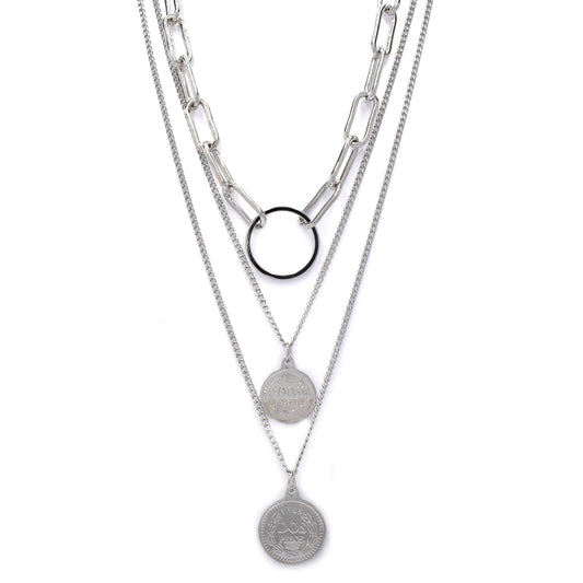 Fashion silver plated layered disc charm statement necklace - YN4235