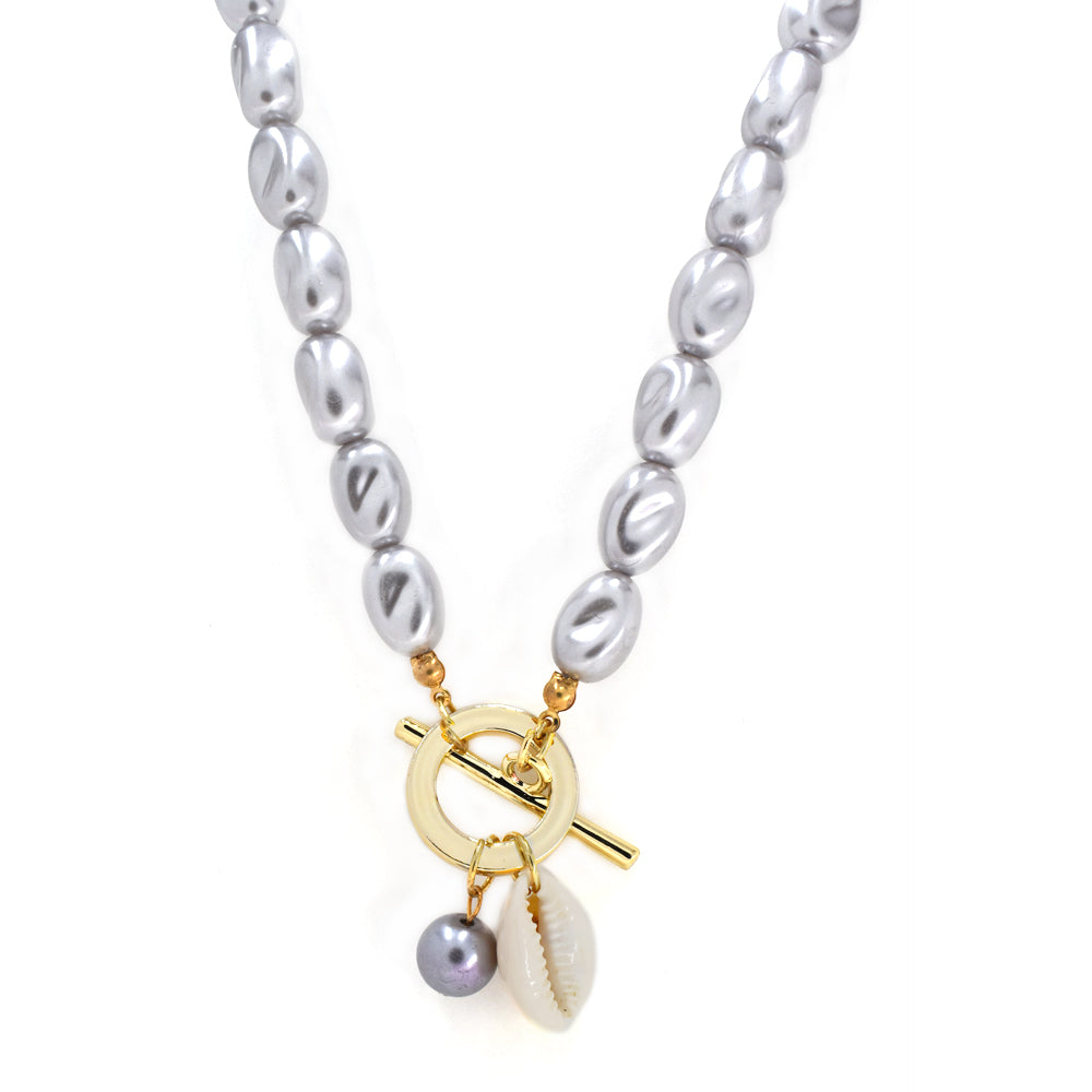 Freshwater pearl T bar shell necklace