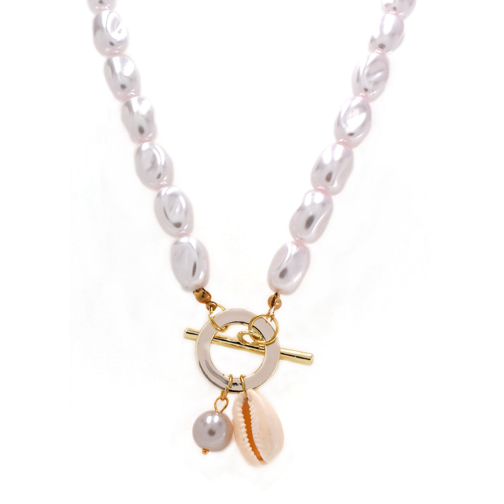 Freshwater pearl T bar shell necklace