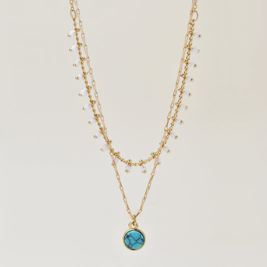 Fashion layered beaded necklace with turquoise pendant