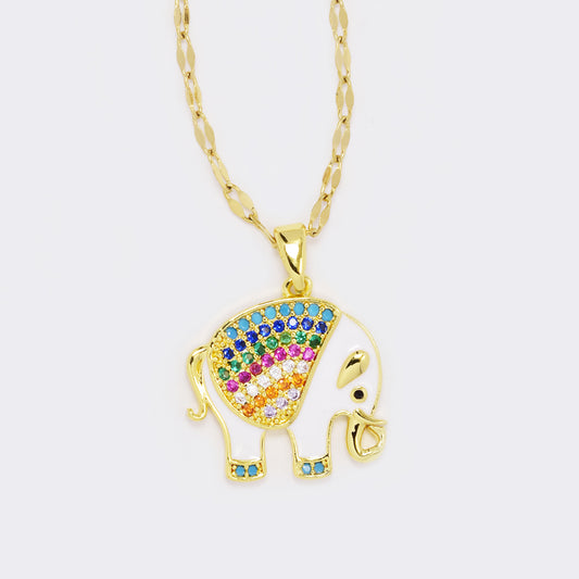 CZ multi colour pave elephant pendant on steel chain - CZYN5613