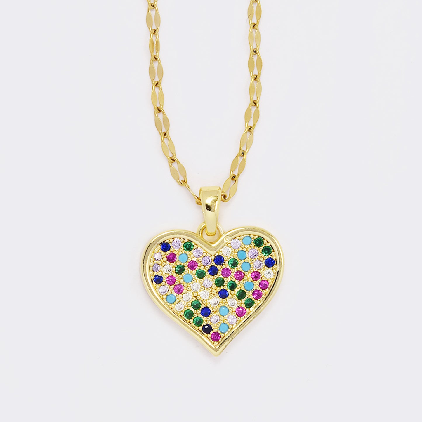 CZYN5614 - Premium brass CZ multi colour pave heart pendant on steel chain