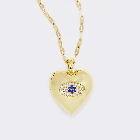 CZYN5616 - Premium brass CZ pave evil eye heart locket on steel chain