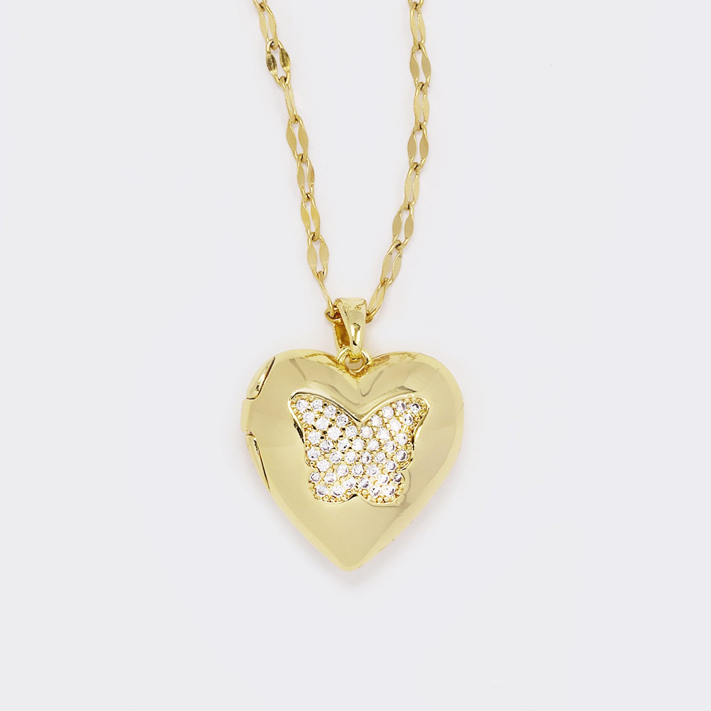 CZ pave butterfly heart locket on steel chain - CZYN5618