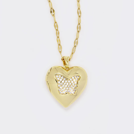 CZ pave butterfly heart locket on steel chain - CZYN5618