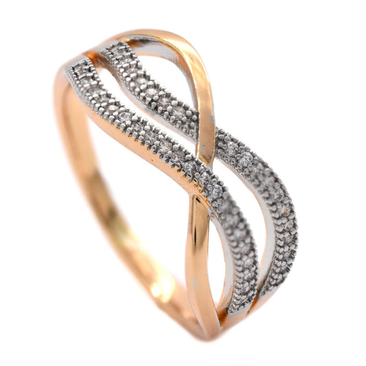 YR3580 - Premium brass plated two tone cubic zirconia cross over ring