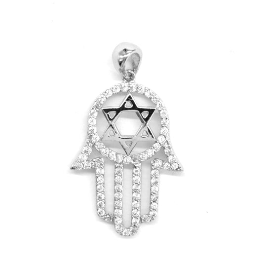SGP110 - 925 Silver cubic zirconia Hamsa hand with Star of David pendant