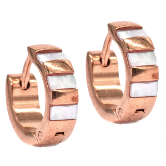 Steel rose gold MOP striped huggie - SSVE9166